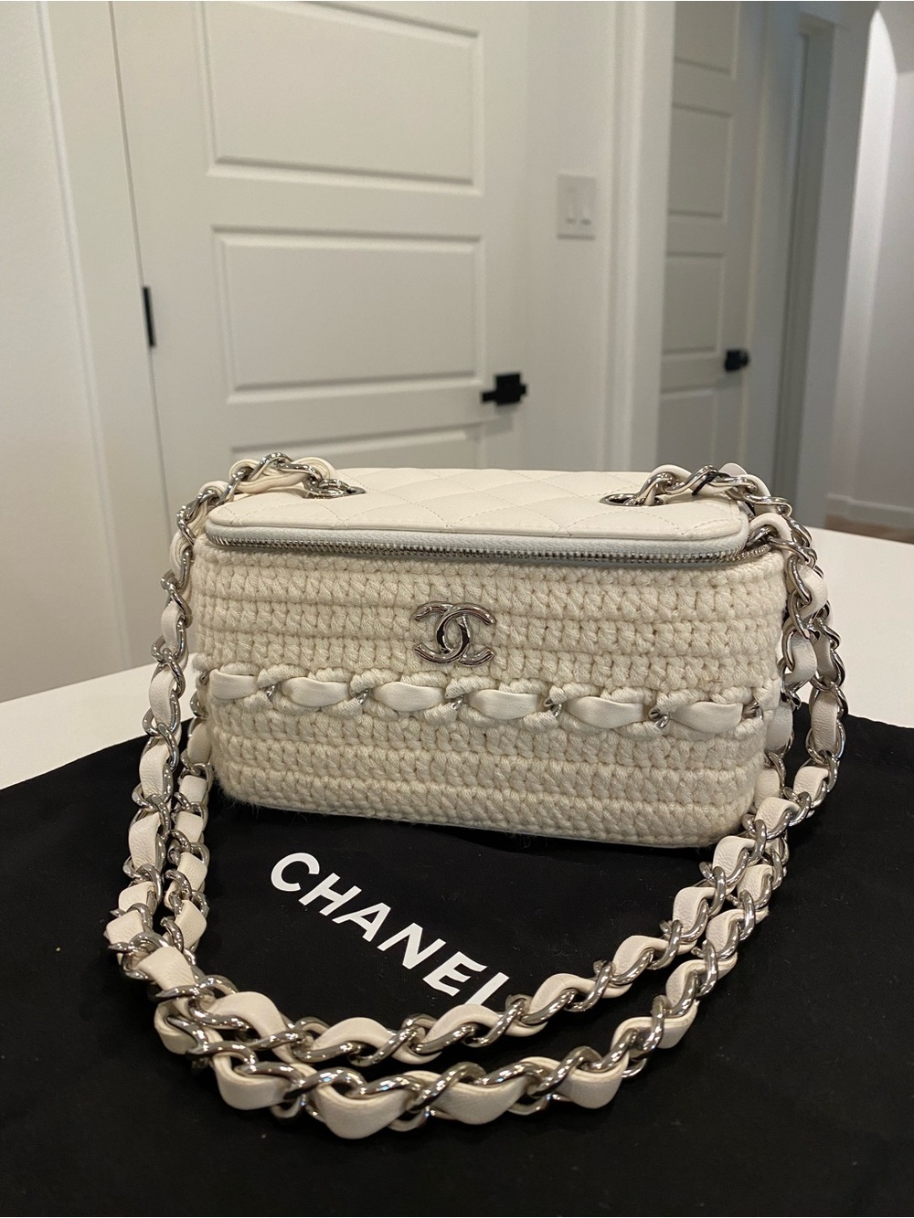 CHANEL Lambskin Crochet Quilted Small Vanity Case With Chain White